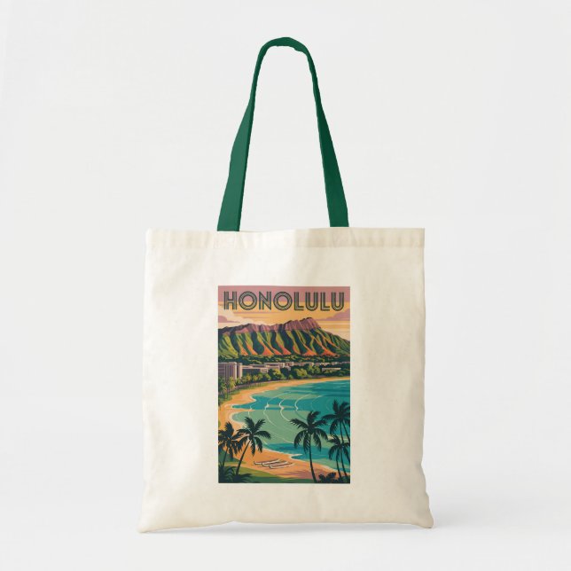 Bolsa Tote Honolulu Hawaii Ilustração Viagem Art Vintage (Frente)
