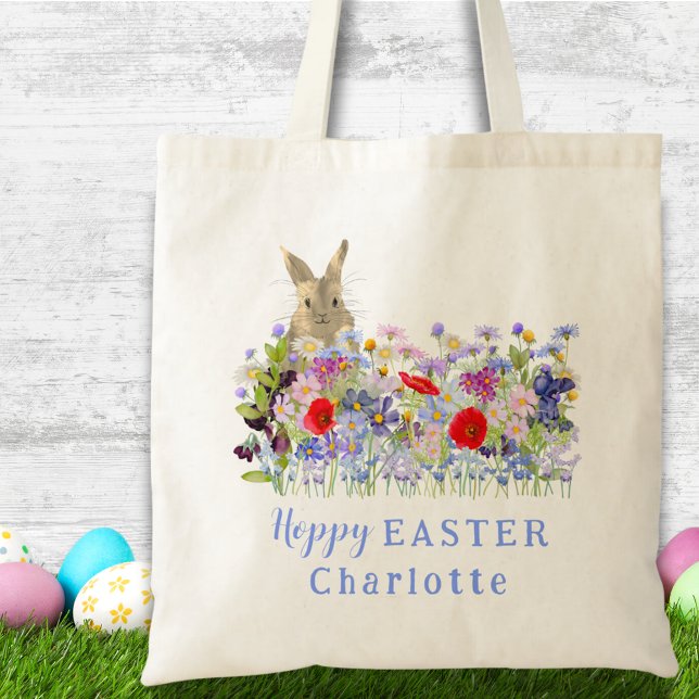 Bolsa Tote Hoppy Easter Bunny Egg Hunt Personalizado (Easter brunch and egg hunt custom tote bag with cute Easter bunny and watercolor florals)