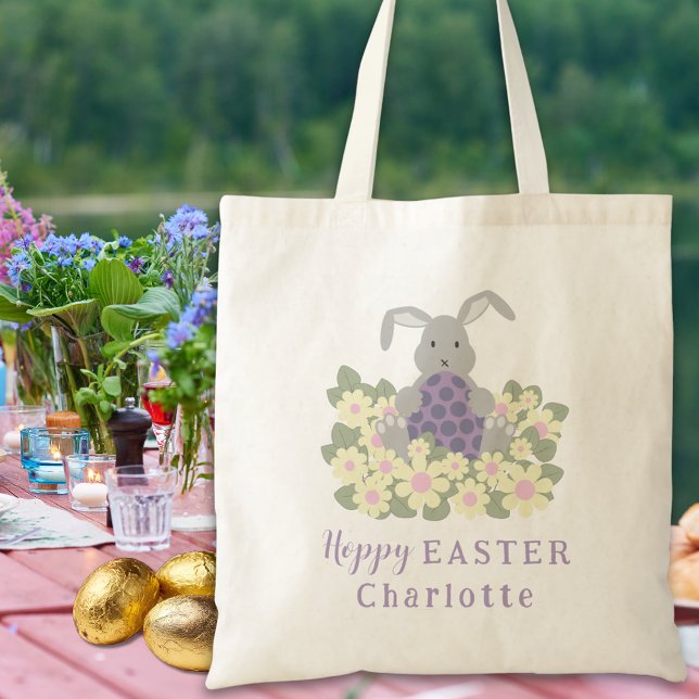 Bolsa Tote Hoppy Easter Egg Hunt Bunny Floral Add Name (Personalized kids name Easter egg hunt cute bunny spring floral tote bag Modern purple script)