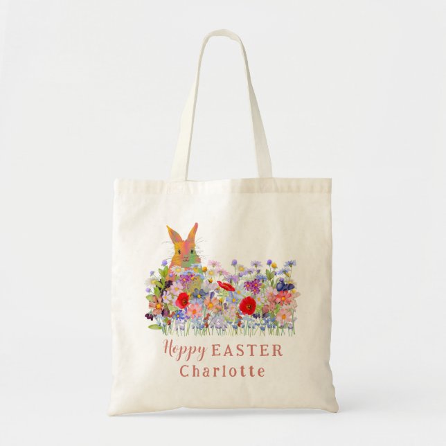 Bolsa Tote Hoppy Easter Ovo Caça Coelho Flores Selvagens (Frente)