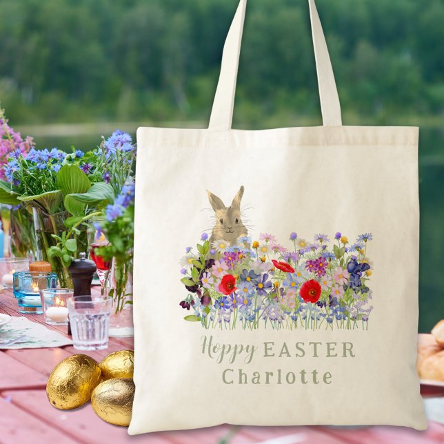 Bolsa Tote Hoppy Easter Ovo Caça Coelho Flores Selvagens (Personalized kids name Easter egg hunt cute bunny spring watercolor wildflower floral tote bag)