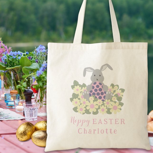 Bolsa Tote Hoppy Easter Ovot Hunt Bunny Floral (Personalized girls name Easter egg hunt cute bunny daisy floral pink tote bag)