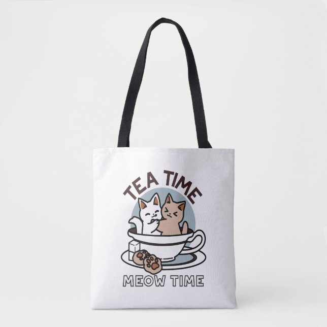 Bolsa Tote Hora do Tea Meow - Design de Gato e Chá (Frente)