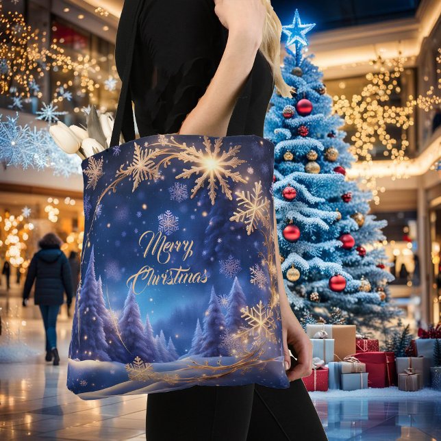 Bolsa Tote Hora mágica de Natal - Flocos de neve ouro em azul (Criador carregado)