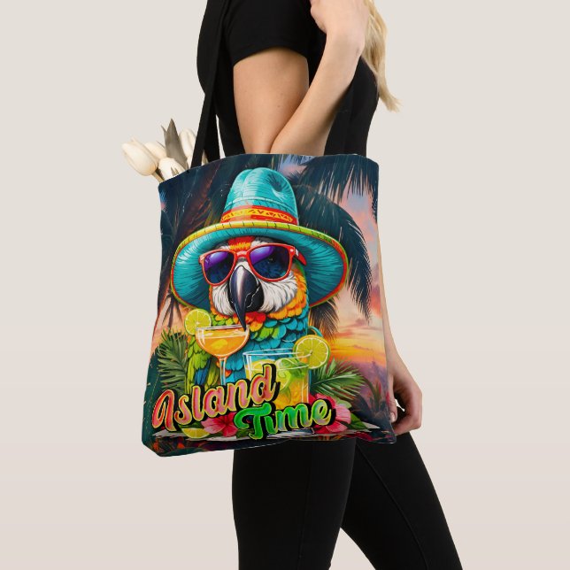 Bolsa Tote Horário da Ilha — Sunset Beach Parrot Bebe (Close Up)