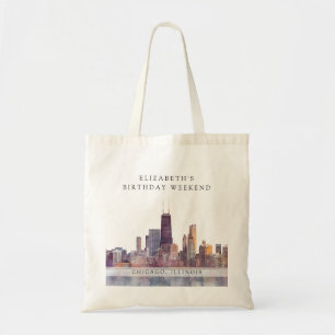 Bolsa Tote Horizonte de Chicago em Aquarela Aniversário Fim d