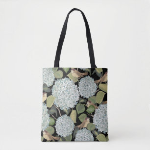 Bolsa Tote Hortensia azul-clara, branca, com folhas verdes e