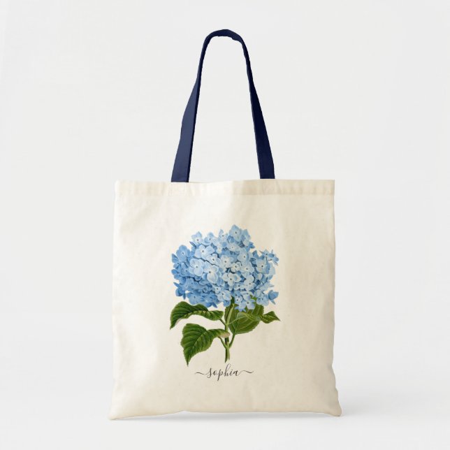 Bolsa Tote Hortênsia Botânica Azul Marinho Floral Personaliza (Frente)