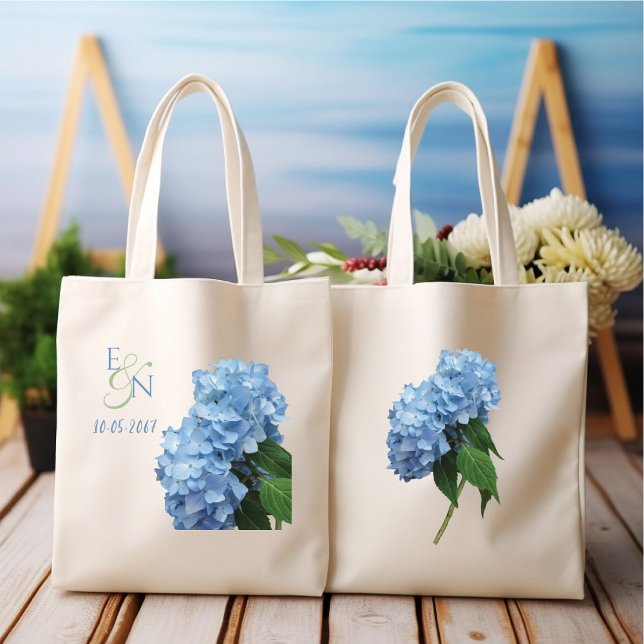 Bolsa Tote Hortênsias Azuis Casamento Monogramado (Criador carregado)