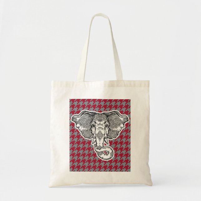 Bolsa Tote Houndstooth Alabama Crimson e Cinzas com Elefante (Frente)
