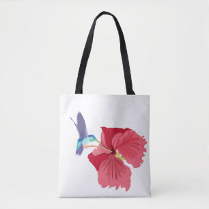 Bolsa Tote Hummingbird azul e verde e Hibiscus vermelho