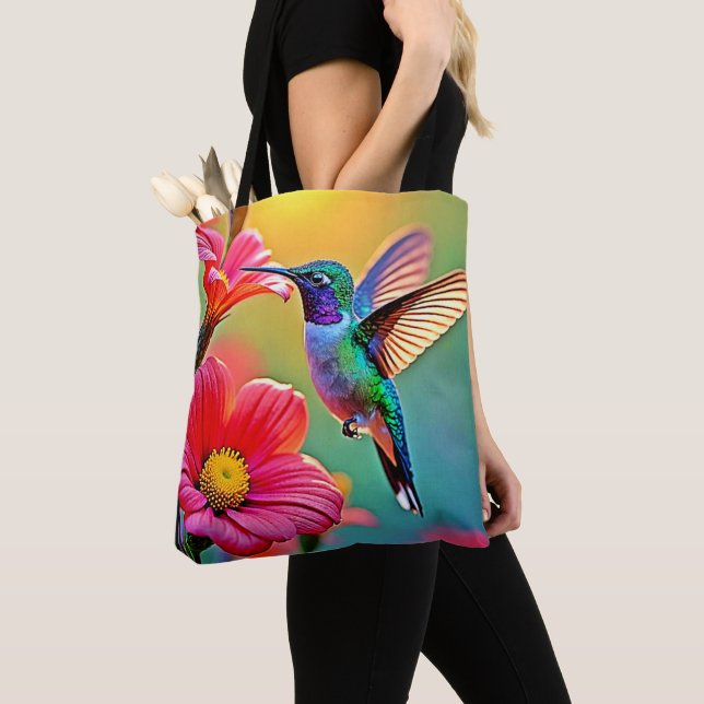 Bolsa Tote Hummingbird vibrante no Sunset Design (Close Up)