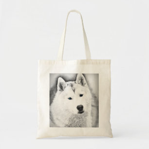Bolsa Tote Husky Siberiano Branco com Olhos Azuis - Desenho d