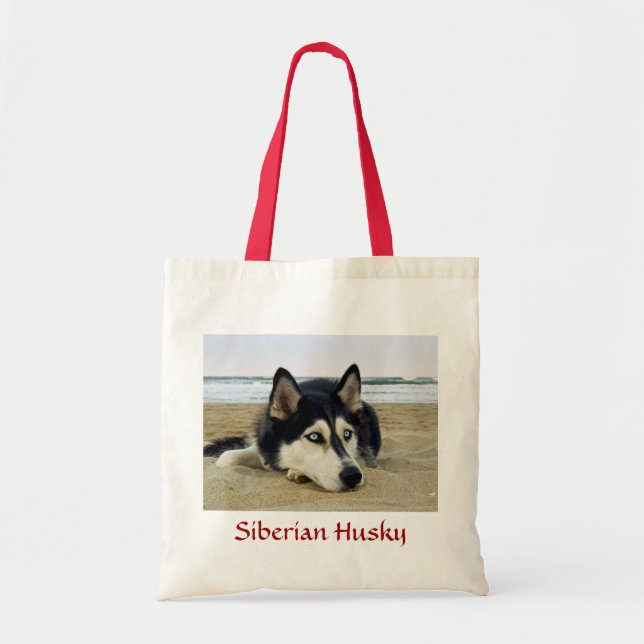 Bolsa Tote Husky siberiano no banco de totes de praia (Frente)