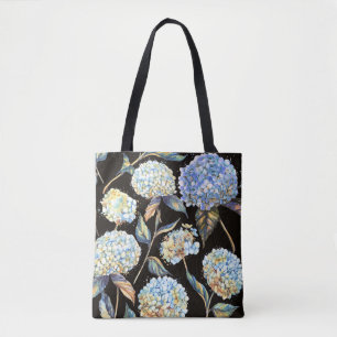 Bolsa Tote Hydrangea Watercolor Azul: Padrão Escuro Sem Costu