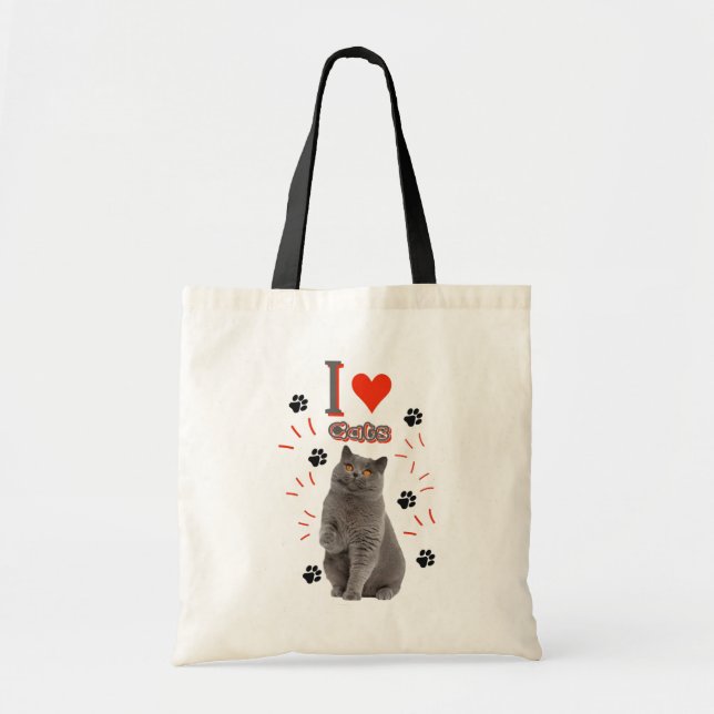 Bolsa Tote I ❤️ Cats – Cute Cat & Paw Print Design (Frente)