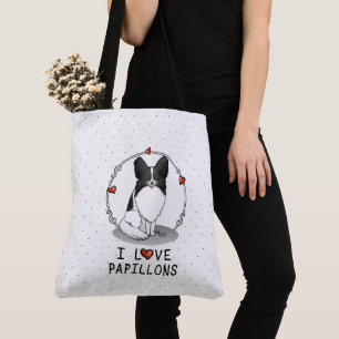 Bolsa Tote I Love Papillons (branco e preto) Hearts Dogs Cute
