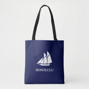 Bolsa Tote Iate de Velas Azul Marinho e Branco Elegante
