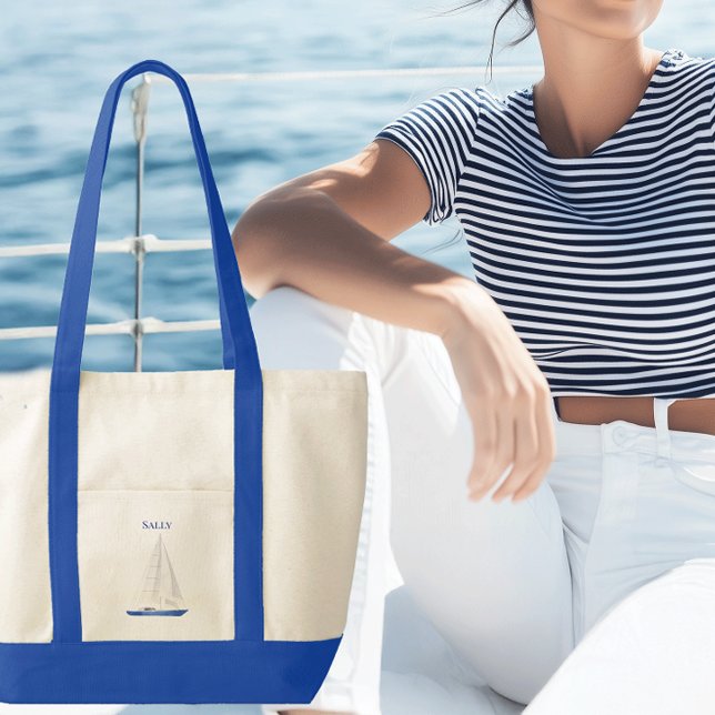 Bolsa Tote Iate Vela Contraste Barra (Sail boat personalized canvas boat tote)