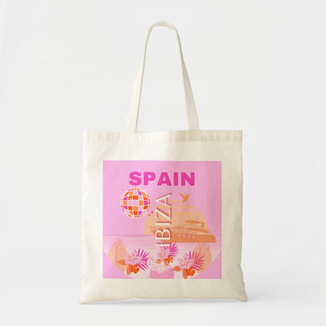 Bolsa Tote Ibiza, Espanha, Arte Viagem, Arte Pré-Facada, Rosa (Frente)