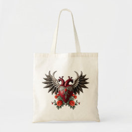 Bolsa Tote Ícone gótico romântico: coração, rosa, crânio.