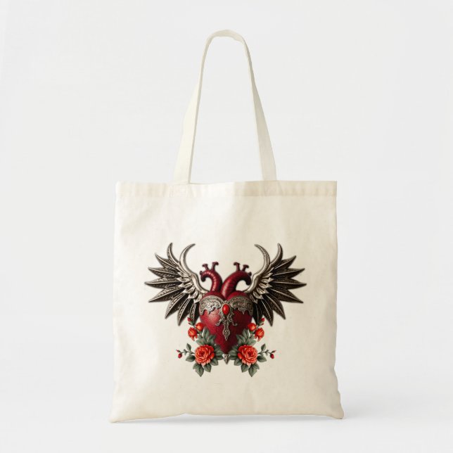 Bolsa Tote Ícone gótico romântico: coração, rosa, crânio. (Frente)