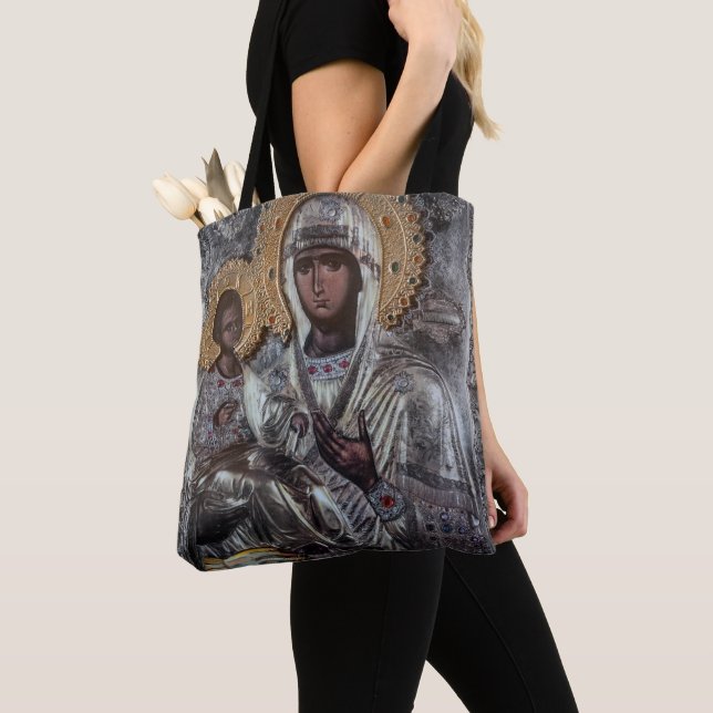 Bolsa Tote Ícone Religioso Virgem Maria de Três Mãos (Close Up)