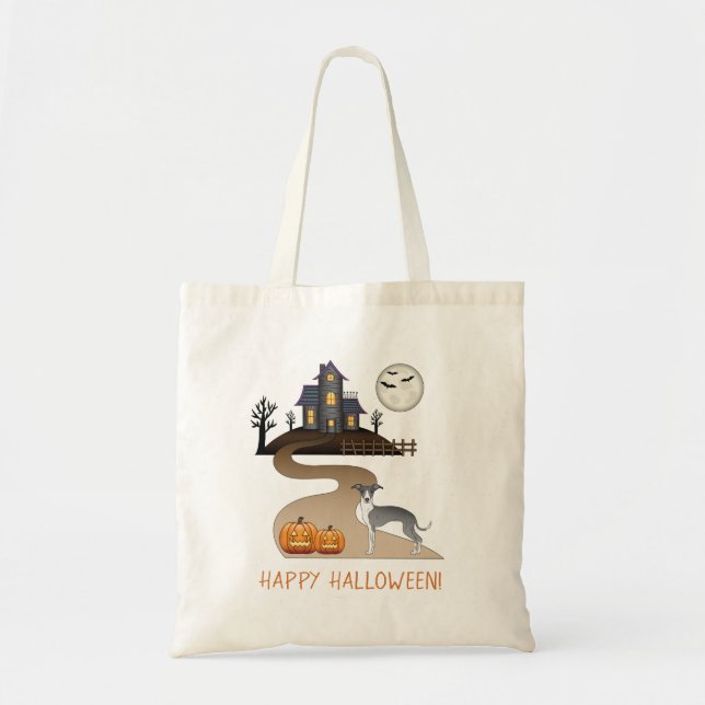 Bolsa Tote Iggy Azul e Branco e Casa Assombrada de Halloween (Frente)