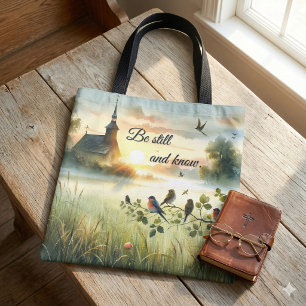 Bolsa Tote Igreja do Sol Nascente com Pássaros em Prado Nebul