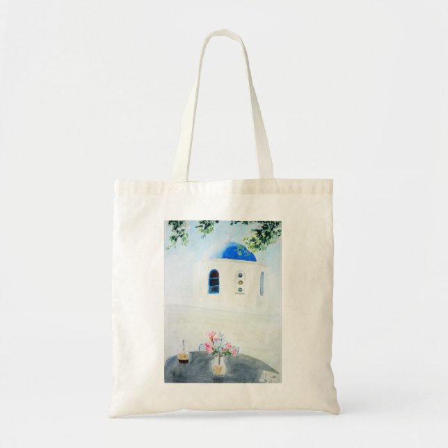 Bolsa Tote igreja Santorini branca e azul (Frente)