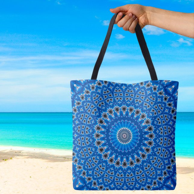 Bolsa Tote Ilha Boho de Safira Azul Tendência (Trendy Blue Black Island Boho Print Canvas Eco-Friendly  Shopping Beach Tote Bag)