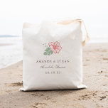 Bolsa Tote Ilha Hibiscus Destino Casamento Favor<br><div class="desc">Sacos de tote de natal da ilha fazem bolsas de boas-vindas ou favores para o seu casamento de destino ou casamento no Havaí! Design Tropical apresenta uma flor de hibisco solteiro em coral vibrante com folhas verdes moles, com seus nomes, data de casamento e local de casamento embaixo de um...</div>