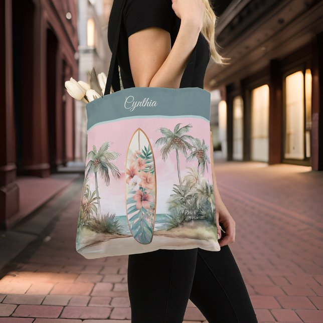 Bolsa Tote Ilha Tropical Flor Surfboard Palm Tree w Name (Criador carregado)