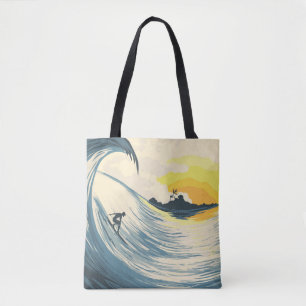 Bolsa Tote Ilha tropical, onda, pôr do sol.