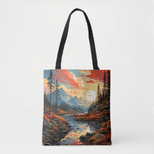 Bolsa Tote Ilustração Colorida de Paisagem Outonal