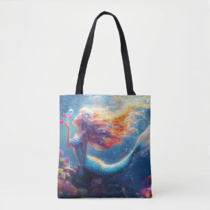 Bolsa Tote Ilustração Colorida de Sereia Subaquática