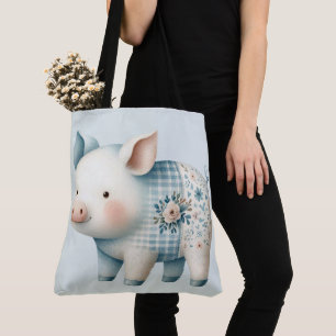 Bolsa Tote Ilustração Cottagecore de Porco em Patchwork Azul