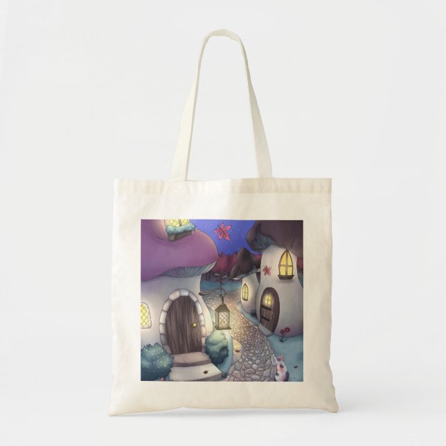 Bolsa Tote Ilustração da Aldeia de Cogumelos Fantasy Noturno (Frente)