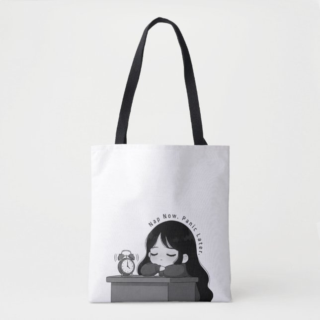 Bolsa Tote Ilustração da Garota Chibi Sonolenta e Preocupada (Frente)