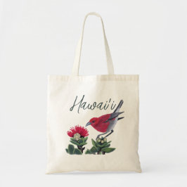 Bolsa Tote Ilustração da Natureza do Havaí com Apapane e Flor