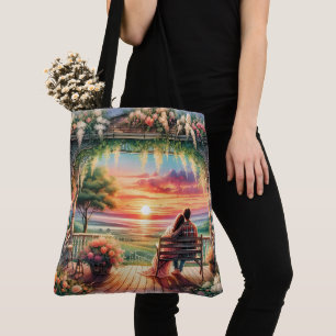 Bolsa Tote Ilustração da Vista do Alpendre do Pôr do Sol Româ