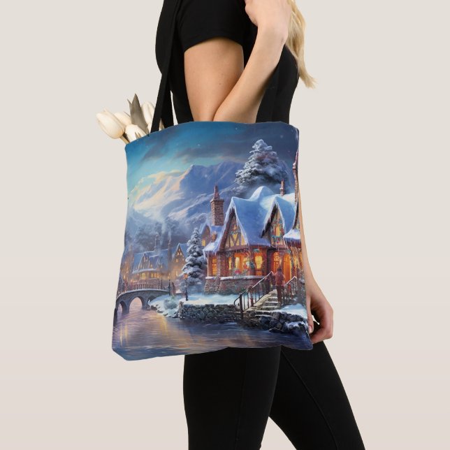 Bolsa Tote Ilustração de Aldeia de Inverno (Close Up)