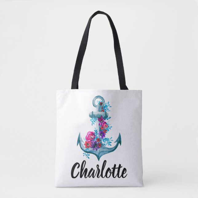 Bolsa Tote Ilustração de Âncora Floral em Aquarela Estilosa (Frente)