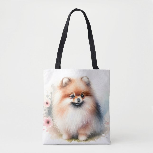 Bolsa Tote Ilustração de aquarela da Pomerânia Cuta (Frente)