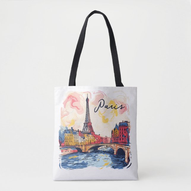 Bolsa Tote Ilustração de Aquarela Paris Eiffel Tower Viagem (Frente)