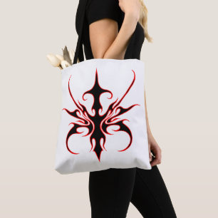 Bolsa Tote Ilustração de Arte Linear Tribal Preta e Vermelha