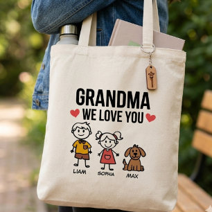 Bolsa Tote Ilustração de Avó Nós Amamos Você Crianças Família