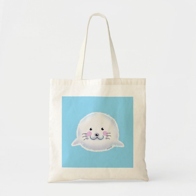 Bolsa Tote Ilustração de Bebê Foca Fofa e Felpuda (Frente)