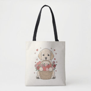 Bolsa Tote Ilustração de cachorrinho fofo com coração e cesto