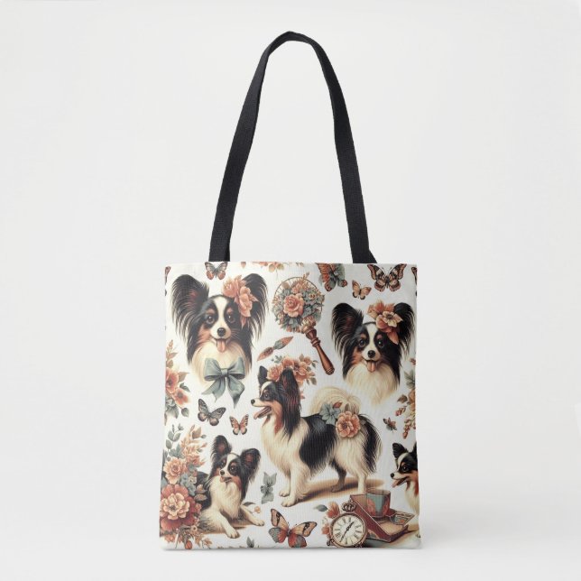 Bolsa Tote Ilustração de Cachorro Cachorro Cachorro Papillon (Frente)